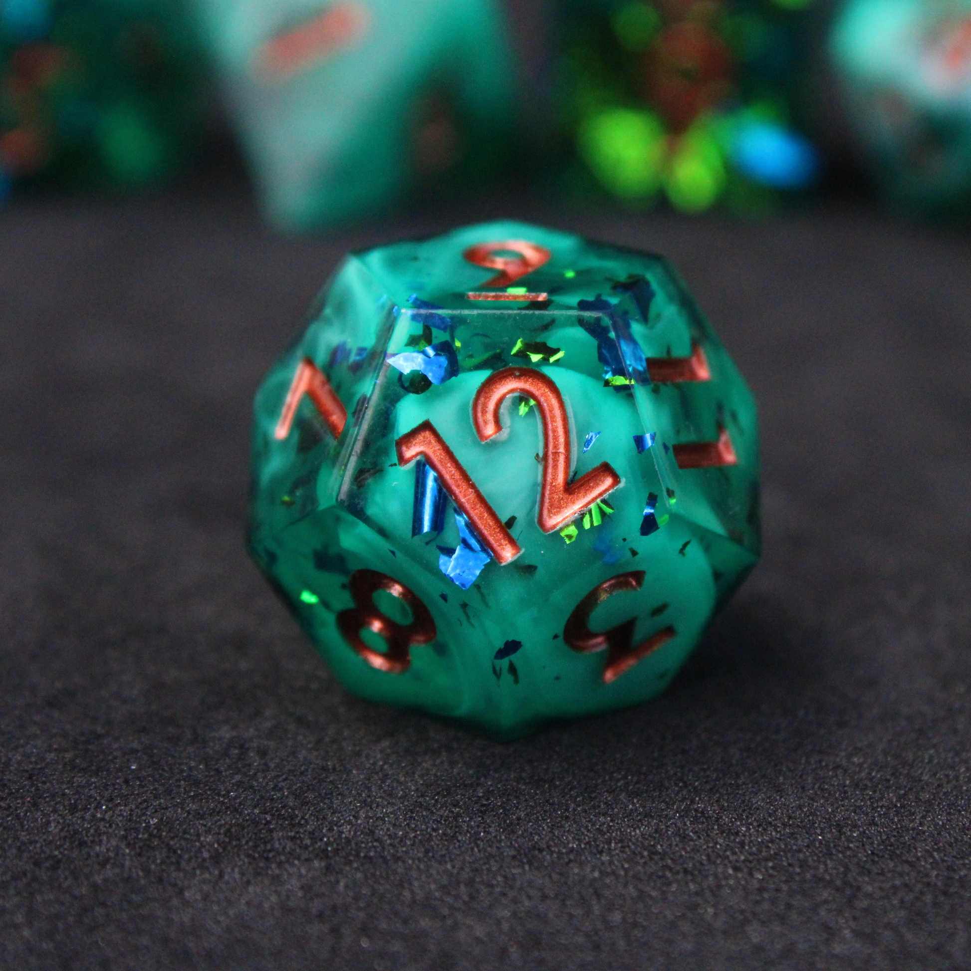 Green sharp edge DND Dice set used in TTRPGs like Dungeons & Dragons / D&D and Pathfinder.