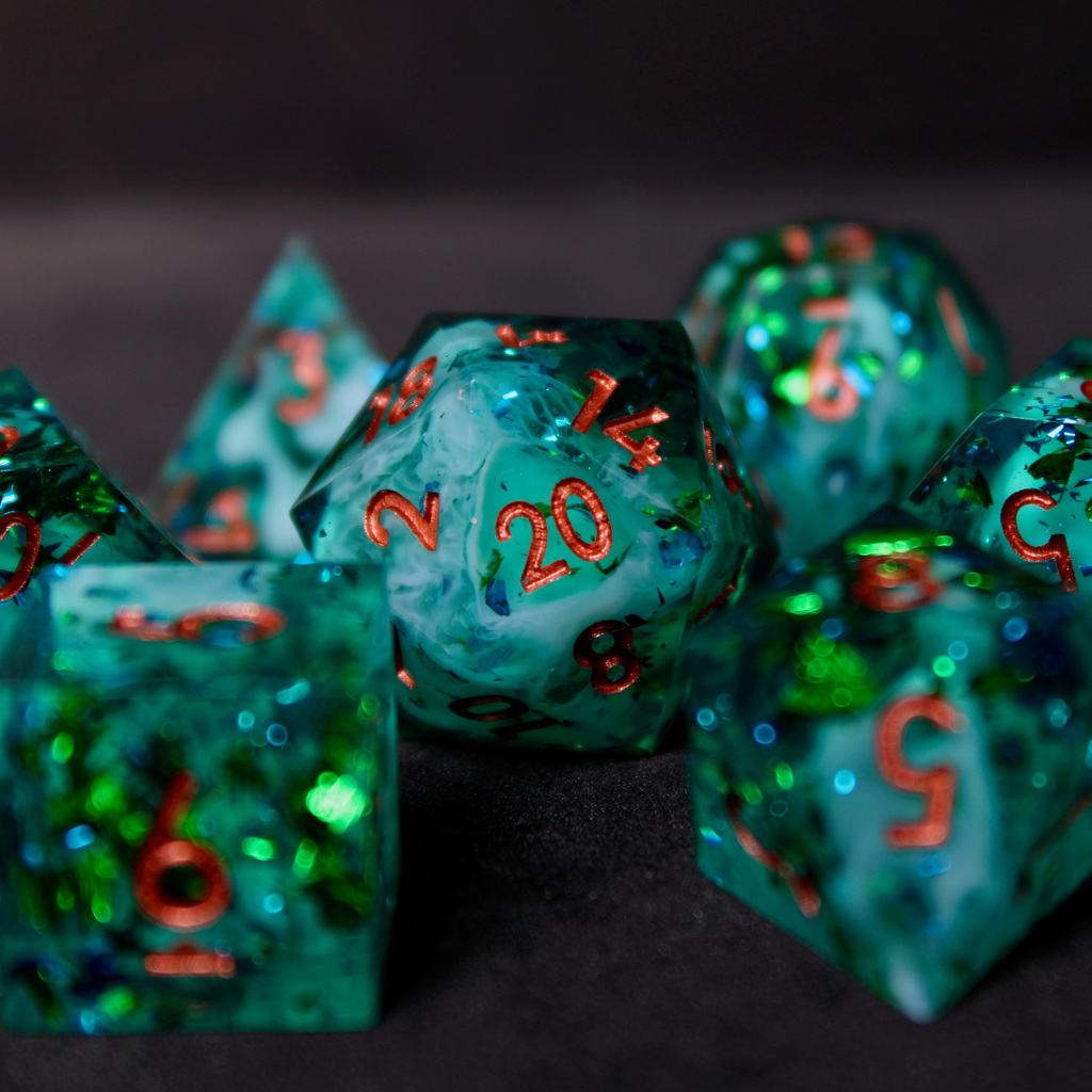 Purple and blue sharp edge dnd dice set. The dice set is used for playing TTRPGs like Dungeons & Dragons / D&D and Pathfinder.