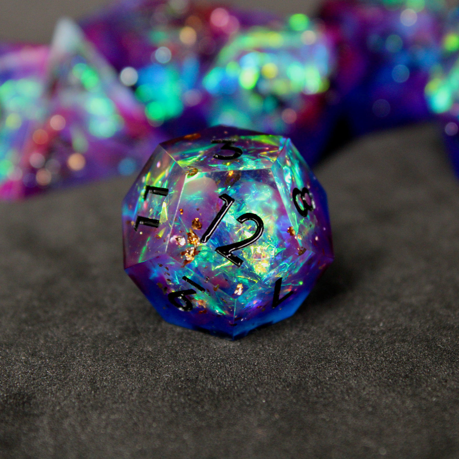 Purple and blue holographic sharp edge dnd dice set resembling space used in TTRPGs like Dungeons & Dragons / D&D and Pathfinder.